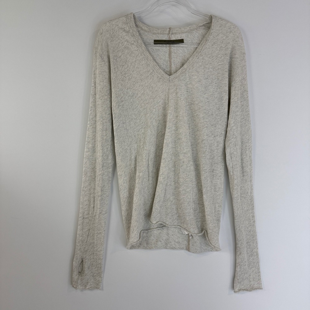 Enza Costa Cashmere Jersey Loose V-Neck Top Womens L Natural Thumbhole CJ1644